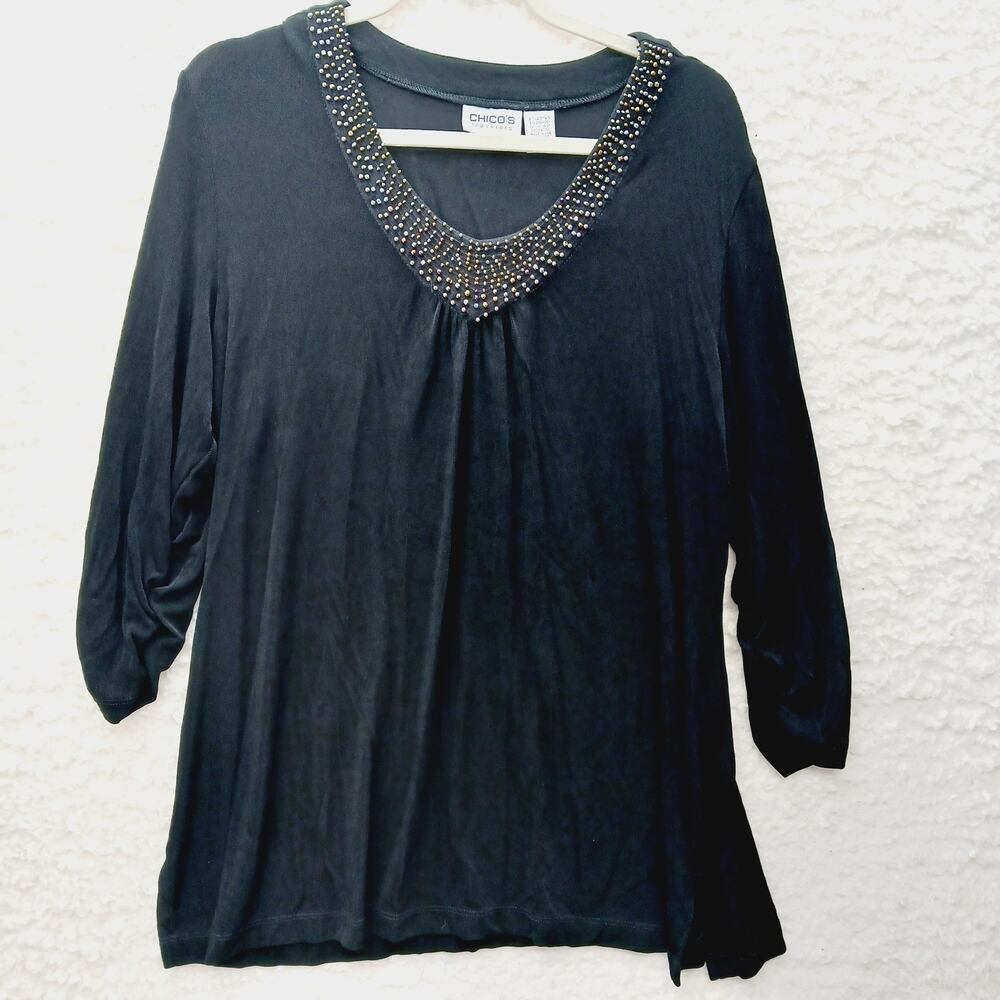Blouse Traveler Black Goth Beaded Quiet Luxury Evening Romantic Chico 3 Size XL
